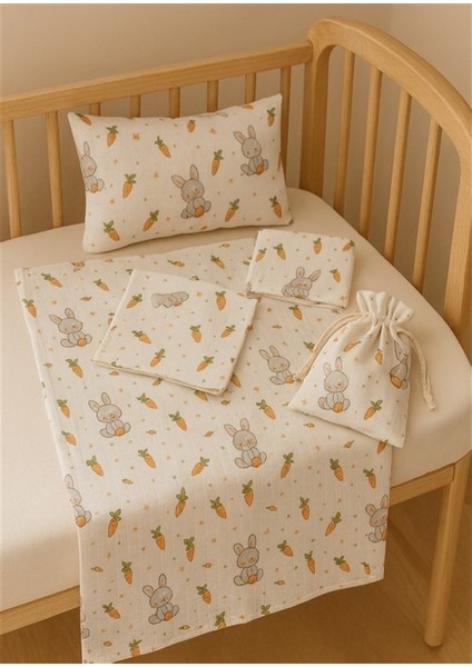 Bebek Müslin Bez Battaniye Set 7 Parça Havuç Yiyen Tavşan