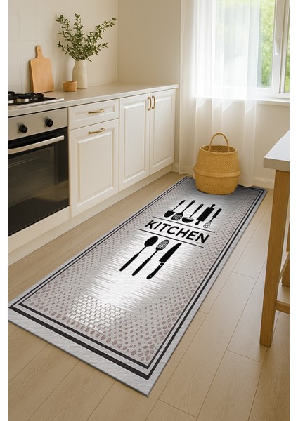 Gri Kitchen Yazılı Dekoratif Mutfak Halısı – Kaymaz ve Yumuşak