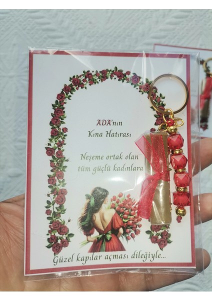 100 Adet Kişiye Özel Kına Hatırası Dağıtmalık Hediyelik Kırmızı Anahtarlık ve Paketlenmiş Kına