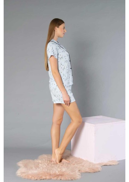 Boydan Düğmeli Kısa Kollu Şort Takım - Yazlık Çiçek Desenli Yumuşak Milan Kumaş - M, L, Xl, Xxl Poppy 56-07 modelleri