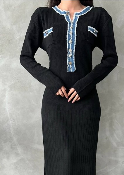 Kadın Siyah Denim Detaylı Maxi Elbise fiyatları