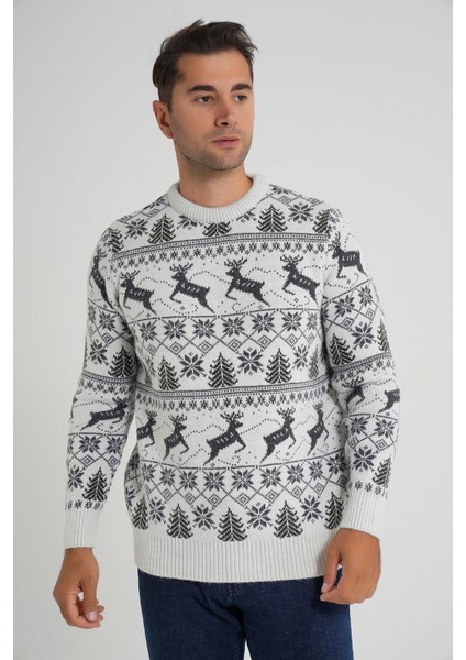 Erkek Bisiklet Yaka Jakarlı Geyikli Yün Yılbaşı Kazak TRIST-5360