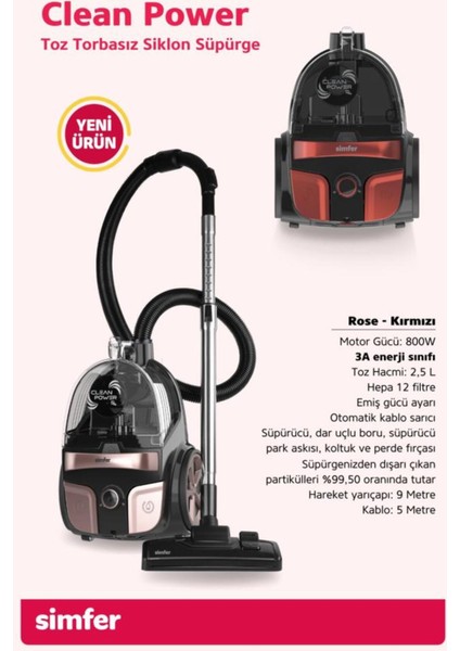 800W Kırmızı Tozsuz Elektrikli Süpürge, Güçlü ve Hafif Temizlik Aracı