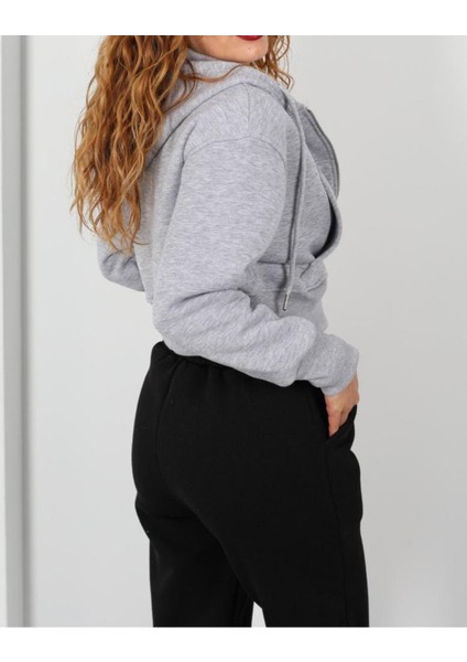 Kapüşonlu 3 Iplik Gri Melanj Kadın Crop Sweatshirt Ceket fiyatları