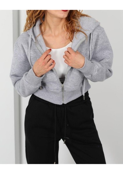Kapüşonlu 3 Iplik Gri Melanj Kadın Crop Sweatshirt Ceket modelleri