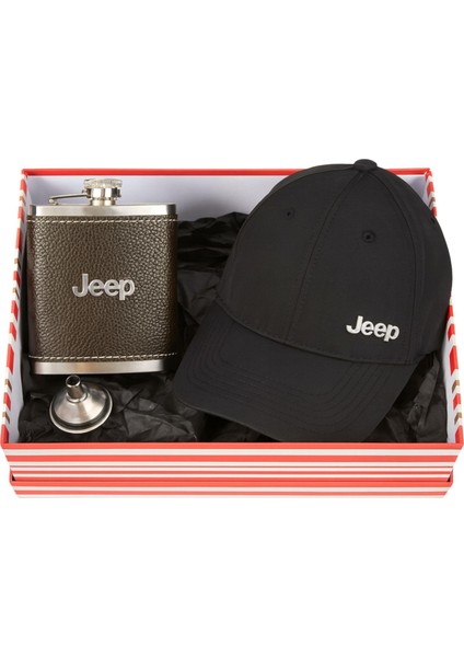 Jeep Logolu Hediye Kutusu Deri Kılıflı 8 Oz Çelik Matara Siyah Şapka Seti