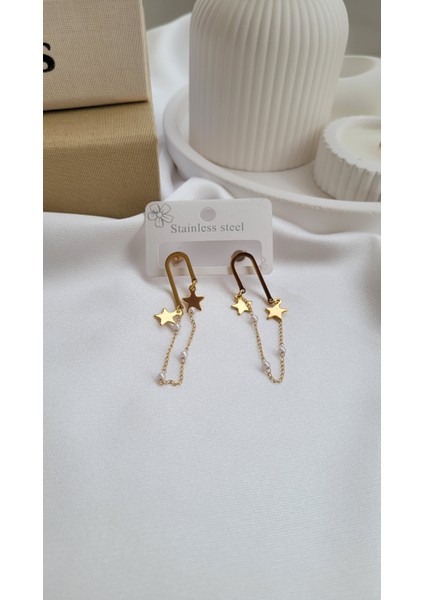Gold Yıldız Detay Sallantılı Çelik Küpe