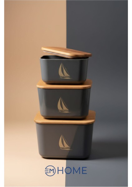 3'lü Set Doğal Ahşap Kapak Marine Saklama Kabı (400ML-800ML-1200ML)