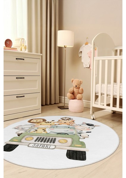 Hayvan Figürlü Yuvarlak Yıkanabilir Kaymaz Taban Çocuk Odası Halısı