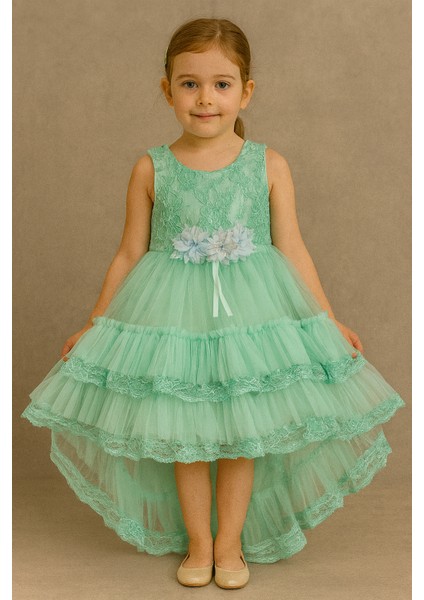 “kız Çocuk Abiye Elbise Yeşil Dantel Çiçek Detaylı Kat Kat Tül 6-10 Yaş Özel Gün Doğum Günü”