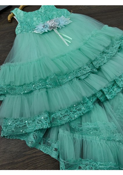 “kız Çocuk Abiye Elbise Yeşil Dantel Çiçek Detaylı Kat Kat Tül 6-10 Yaş Özel Gün Doğum Günü” indirimleri