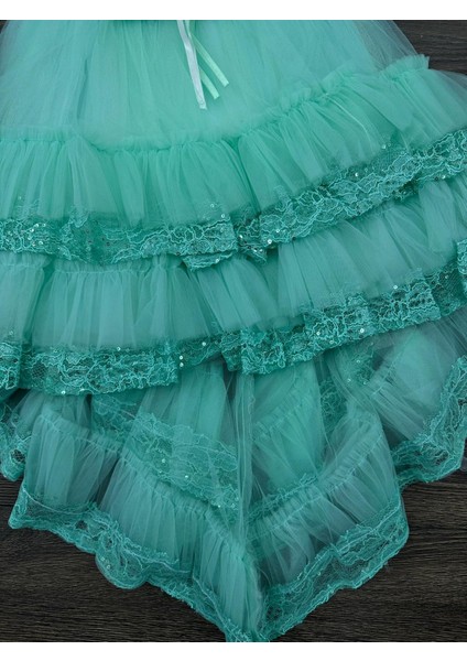 “kız Çocuk Abiye Elbise Yeşil Dantel Çiçek Detaylı Kat Kat Tül 6-10 Yaş Özel Gün Doğum Günü”