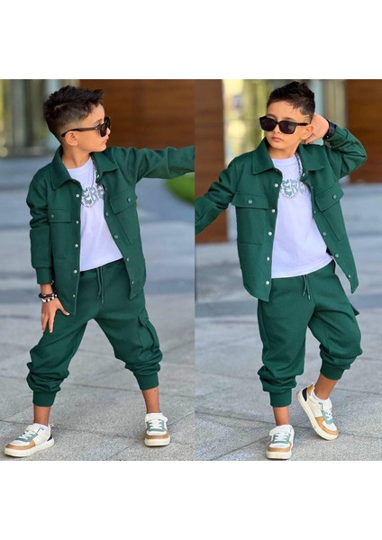 Erkek Çocuk 3 Parça Spor Takım – Yeşil Ceket, Jogger Alt ve Basic Tişört 60298 fırsatları