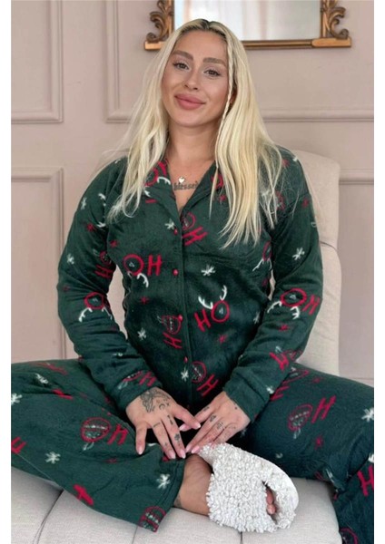 Yeşil Deer Desenli Önden Düğmeli Peluş Polar Pijama Takımı