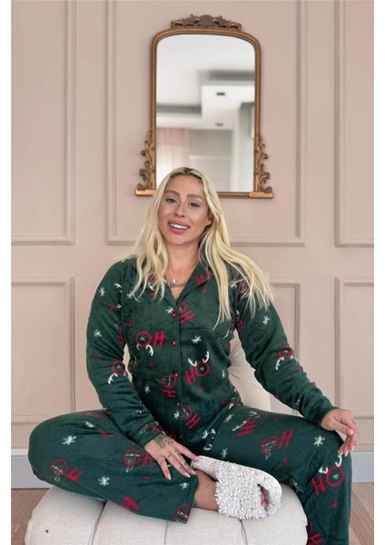 Yeşil Deer Desenli Önden Düğmeli Peluş Polar Pijama Takımı fiyatları