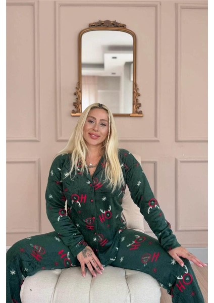 Yeşil Deer Desenli Önden Düğmeli Peluş Polar Pijama Takımı modelleri