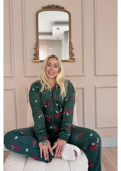 Yeşil Deer Desenli Önden Düğmeli Peluş Polar Pijama Takımı fırsatları