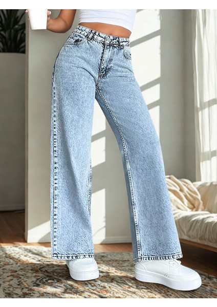 Kadın Açık Mavi Yüksek Bel Bol Paça Kot Pantolon Jeans fiyatları