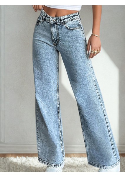 Kadın Açık Mavi Yüksek Bel Bol Paça Kot Pantolon Jeans fırsatları