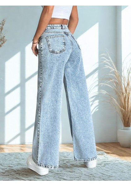 Kadın Açık Mavi Yüksek Bel Bol Paça Kot Pantolon Jeans indirimleri