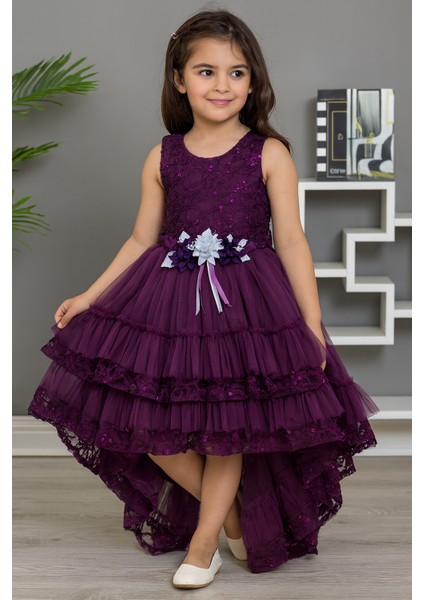 “kız Çocuk Abiye Elbise Yeşil Dantel Çiçek Detaylı Kat Kat Tül 6-10 Yaş Özel Gün Doğum Günü”