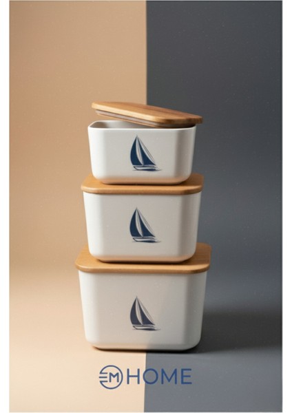 3'lü Set Doğal Ahşap Kapak Marine Saklama Kabı (400ML-800ML-1200ML)