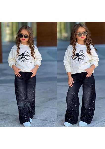 Kız Çocuk 2’li Takım – Taş Baskılı Wide Leg Jean & Fiyonklu Sweatshirt – Siyah Ekru 2606 modelleri