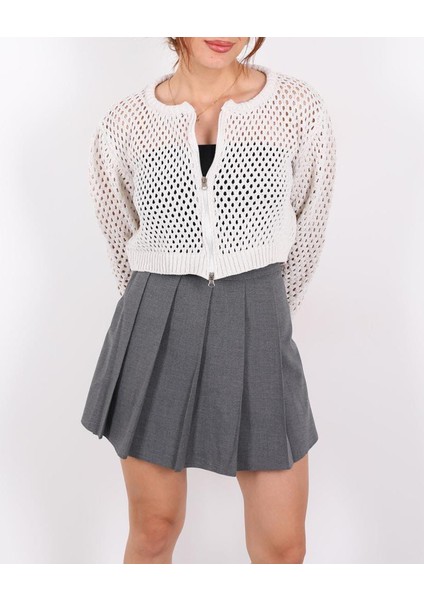 Çift Fermuarlı Ajurlu Taş Rengi Triko Hırka modelleri