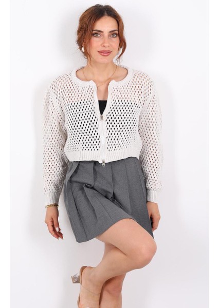 Çift Fermuarlı Ajurlu Taş Rengi Triko Hırka fırsatları