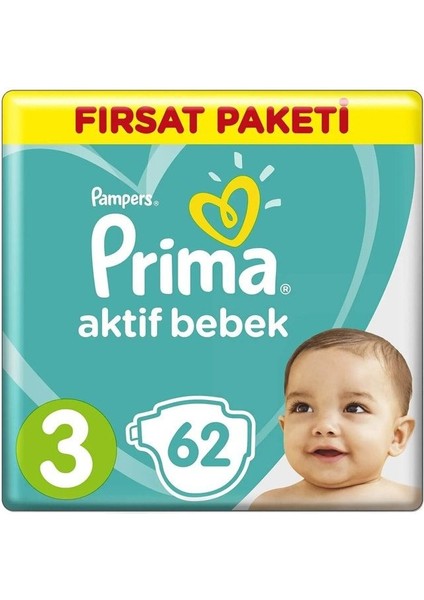 Prima Bebek Bezi Aktif Bebek 3 Beden 62 Adet Fırsat Paketi