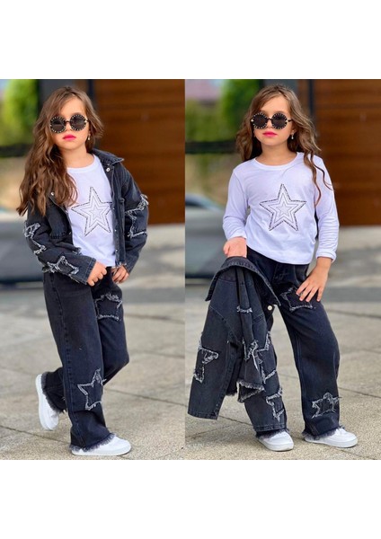 Kız Çocuk Yıldız Detaylı 3 Parça Denim Takım – Ceket, Pantolon ve Bluz 2613S
