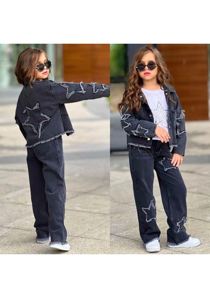 Kız Çocuk Yıldız Detaylı 3 Parça Denim Takım – Ceket, Pantolon ve Bluz 2613S fırsatları