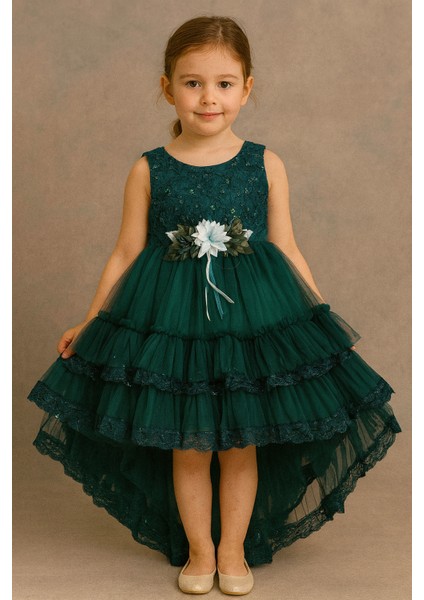 “kız Çocuk Abiye Elbise Yeşil Dantel Çiçek Detaylı Kat Kat Tül 6-10 Yaş Özel Gün Doğum Günü”