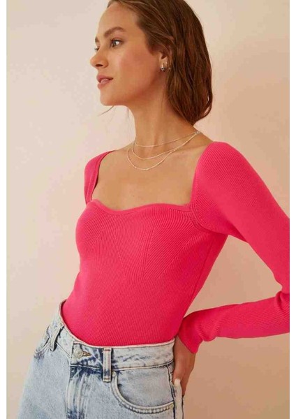 Kadın Koyu Pembe Kalp Yaka Fitilli Triko Kazak fiyatları
