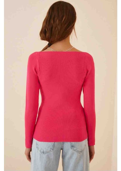 Kadın Koyu Pembe Kalp Yaka Fitilli Triko Kazak modelleri