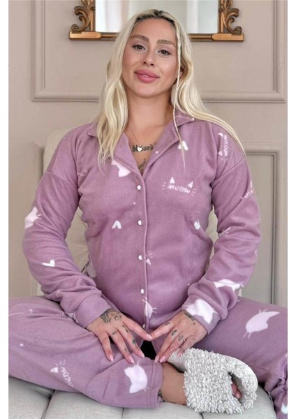 Pembe Cat Desenli Önden Düğmeli Peluş Polar Pijama Takımı