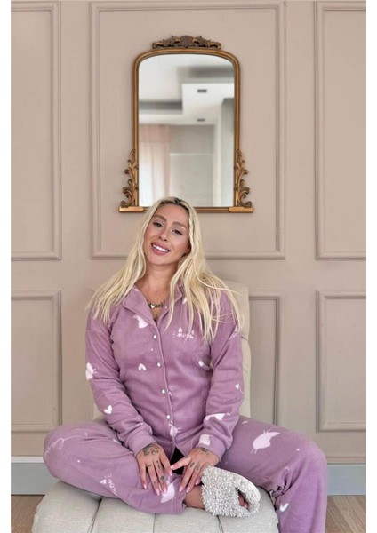 Pembe Cat Desenli Önden Düğmeli Peluş Polar Pijama Takımı fiyatları