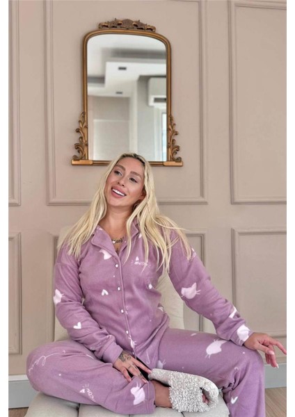 Pembe Cat Desenli Önden Düğmeli Peluş Polar Pijama Takımı modelleri