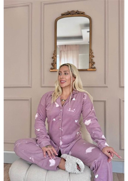 Pembe Cat Desenli Önden Düğmeli Peluş Polar Pijama Takımı fırsatları