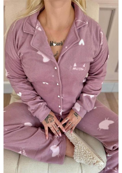 Pembe Cat Desenli Önden Düğmeli Peluş Polar Pijama Takımı indirimleri