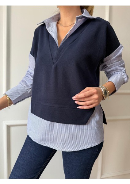 Lacivert Selanik Yaka Süveter Detaylı Gömlek modelleri