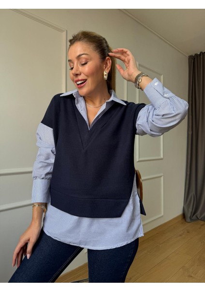 Lacivert Selanik Yaka Süveter Detaylı Gömlek fırsatları