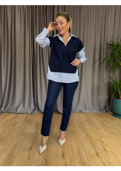 Lacivert Selanik Yaka Süveter Detaylı Gömlek indirimleri