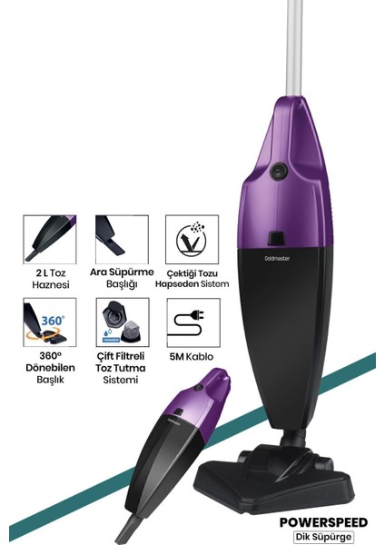 2'li Elektrikli Süpürge, 800 W, Yıkanabilir Filtre, Dikey ve Elde Kullanım