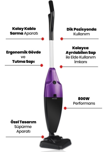 2'li Elektrikli Süpürge, 800 W, Yıkanabilir Filtre, Dikey ve Elde Kullanım modelleri