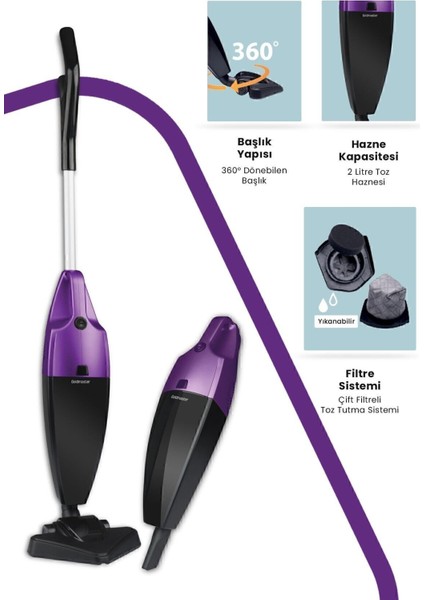 2'li Elektrikli Süpürge, 800 W, Yıkanabilir Filtre, Dikey ve Elde Kullanım