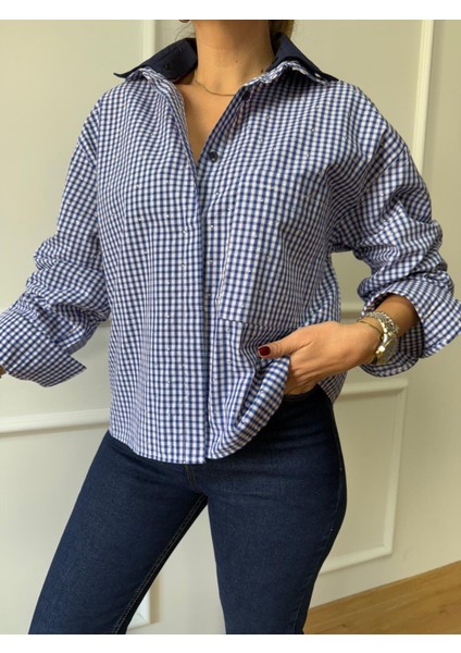 Lacivert Pötikareli Taşlı Gömlek