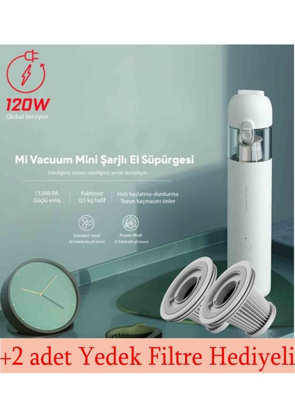 Mini Şarjlı Araç Iç Içi El Süpürgesi, 120W, Çift Kademe, Hediye Yedek Filtre