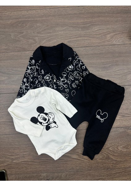 “erkek Bebek 3’lü Takım Mickey Mouse Desenli Sweatshirt Body ve Eşofman Altı 0-12 Ay” modelleri