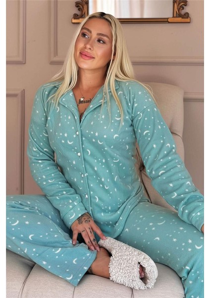 Mint Moon Stars Desenli Önden Düğmeli Peluş Polar Pijama Takımı